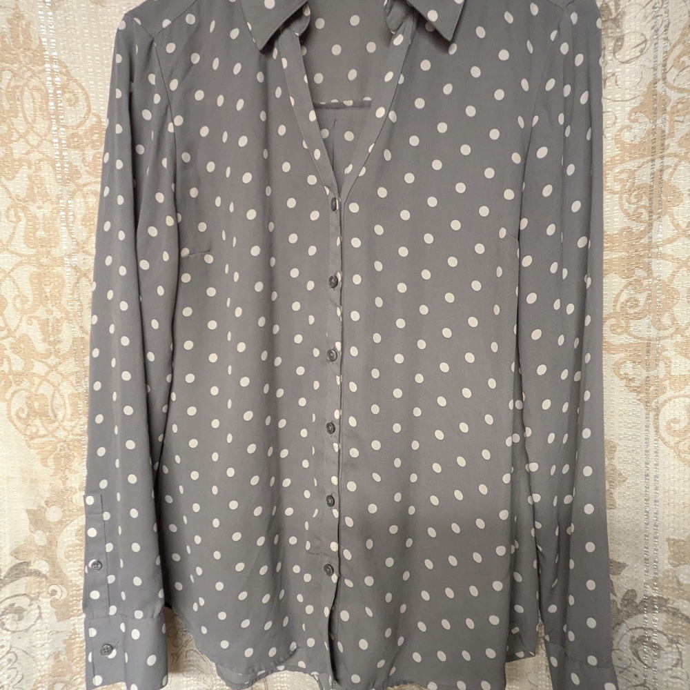 Express Gray and White Polka Dot Shirt